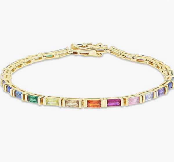 14k Gold Plated 925 Sterling Silver Colourful Bar Setting Rainbow Baguette Sparkling Multi Color Sapphire Gemstone Tennis Bracelet, Jewelry for womens - Image 2